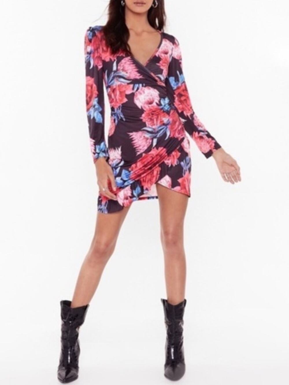 Nasty Gal Floral Faux Wrap Long-Sleeve Dress Black Pink Size 6 NEW